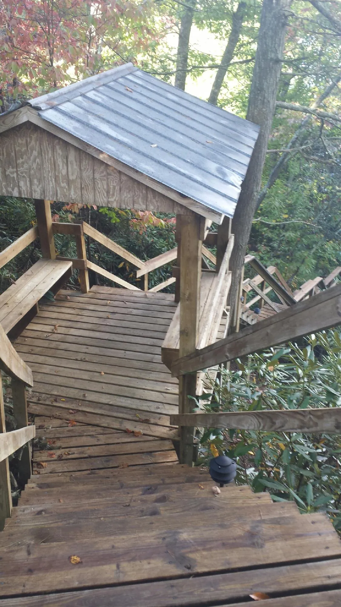 Metal roofed shelter over wooden steps on a wooded walkway — Skylight Repair & Installation work by our crew in Adelphi